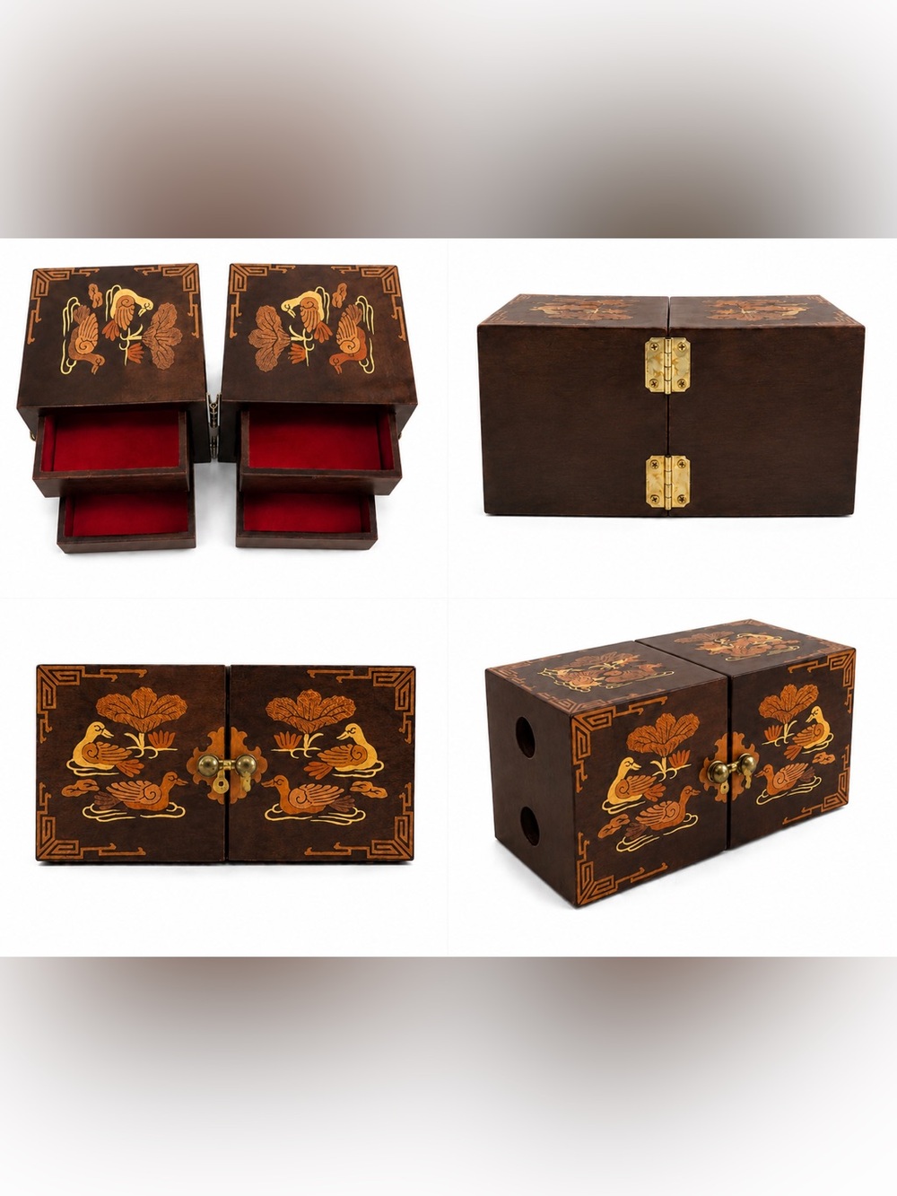 Vintage Wooden Double Jewelry Box with Velvet-Lined Drawers Bird Inlay Design